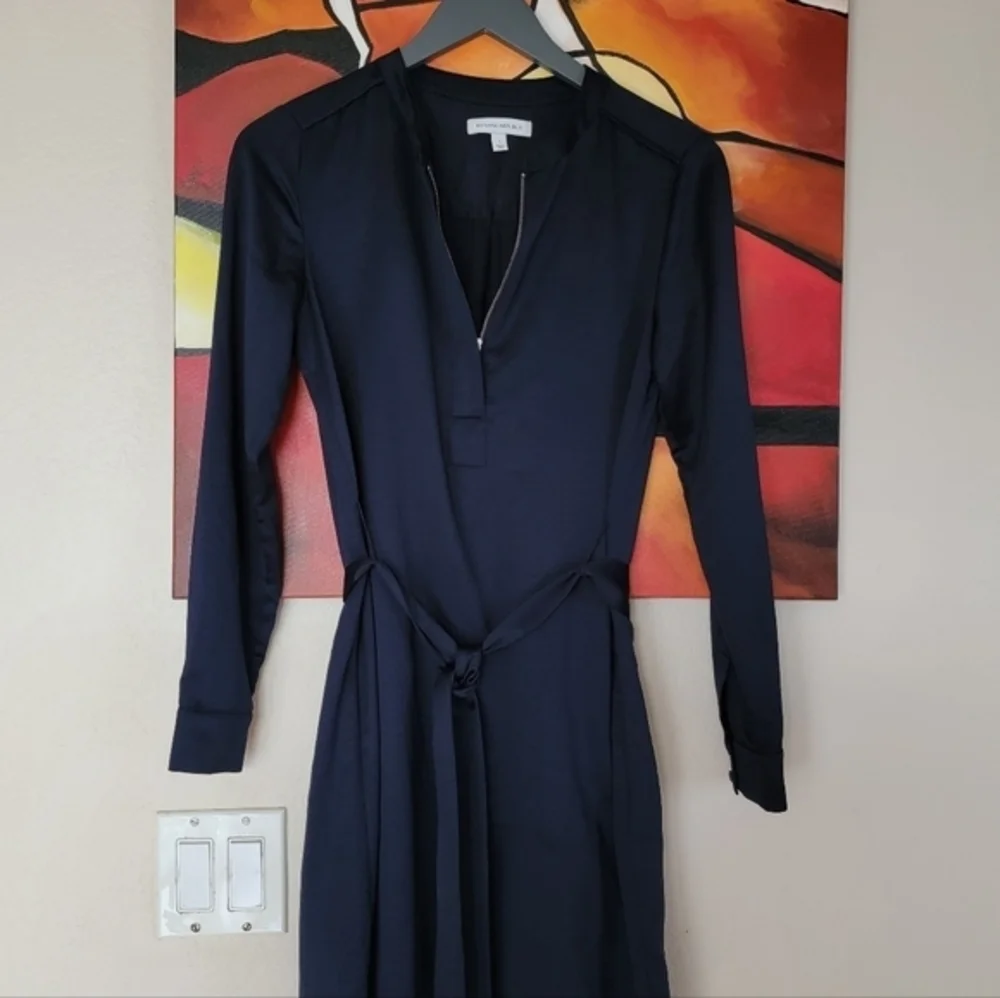 Banana Republic Womens Navy Blue Zip Front Tie Waist Long Sleeve Mini Dress Sz 2